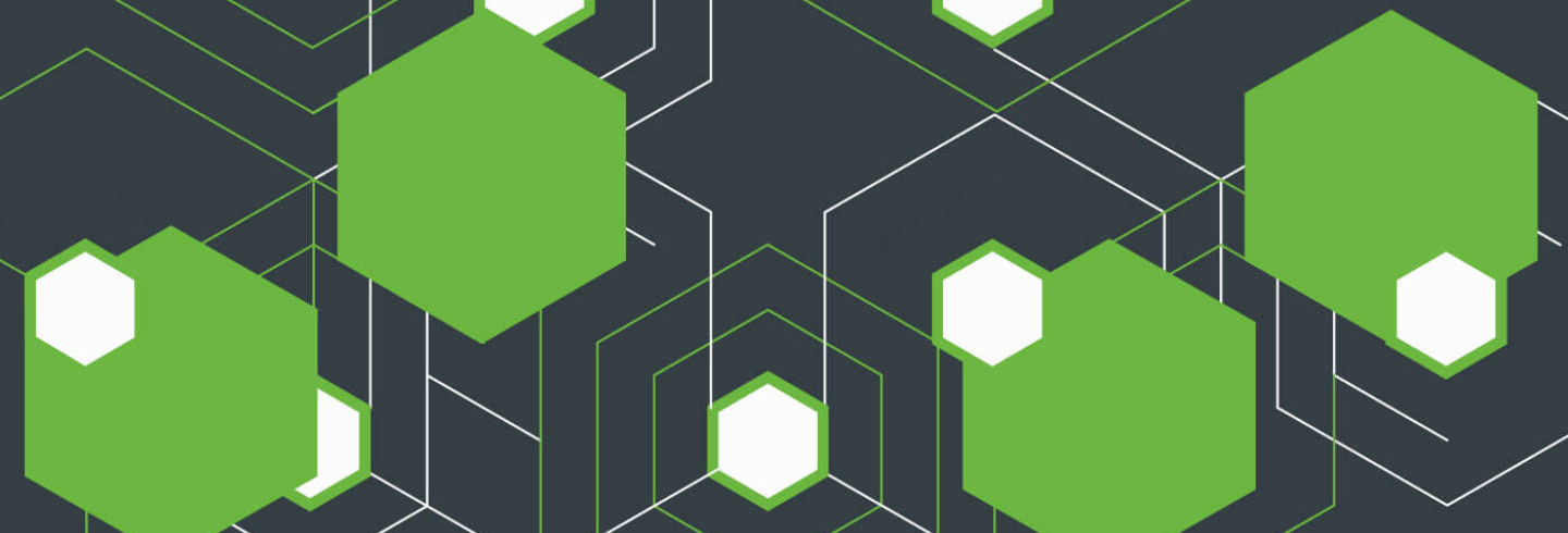 Blog banner image featuring green hexes on a gray background